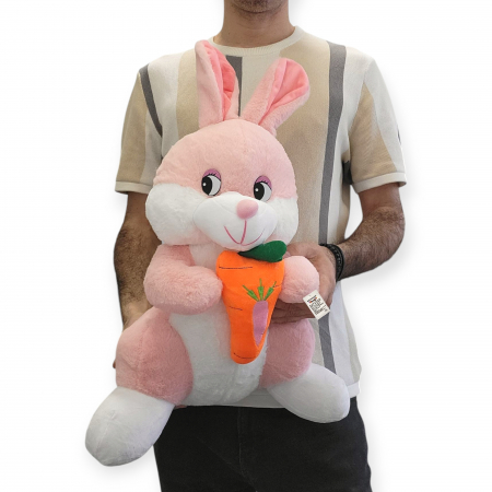 Plusuri - Jucarie de plus - Iepure mare cu morcov, roz, 55 cm