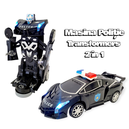 Jucarii interactive - Masina Politie Transformers in robot, cu sunete si lumini, 2 in 1, neagra