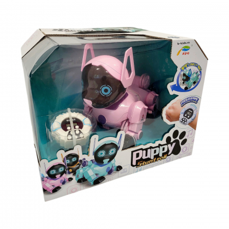 Tehnology Toys - Robot Catelus Smart cu telecomanda ceas, PUPPY Stunt Roll, cantece, lumini, rotire 360 de grade, Roz
