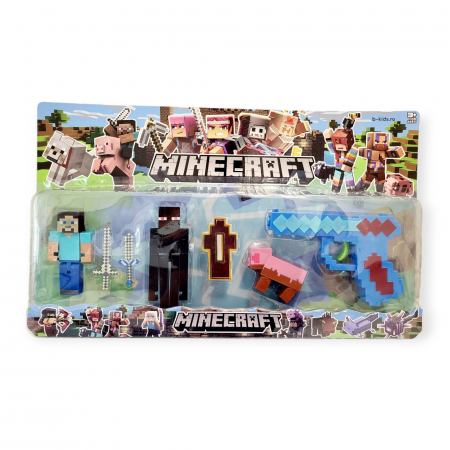 Ocazii speciale - Set 3 figurine + pistol Minecraft si accesorii
