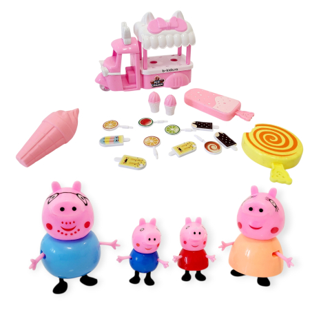 Pentru fetite - Set 4 figurine Peppa Pig cu masina de inghetata, Happy Family