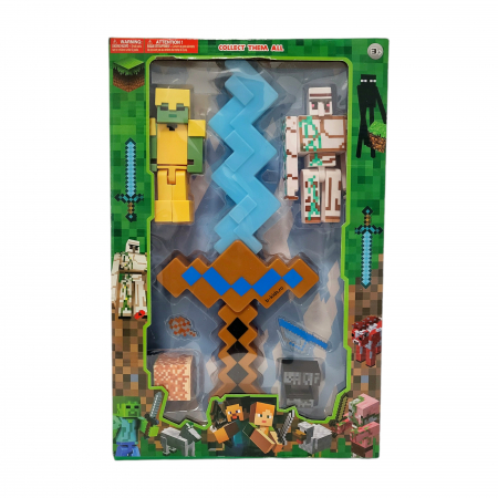Seturi - Set 7 piese Minecraft - figurie, accesorii si sabie cu sunete si lumini, maro