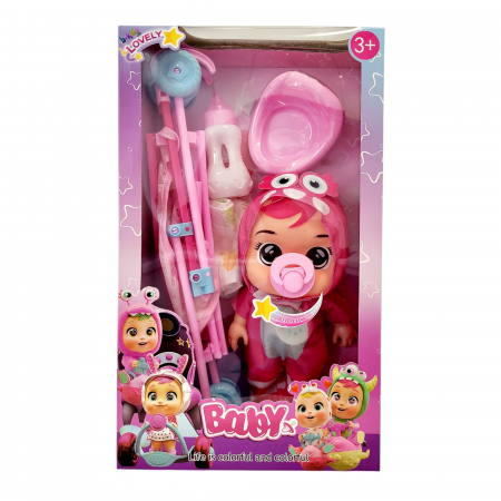 Pentru fetite - Set bebelus cu scutec, sunete și carucior, Baby Cry
