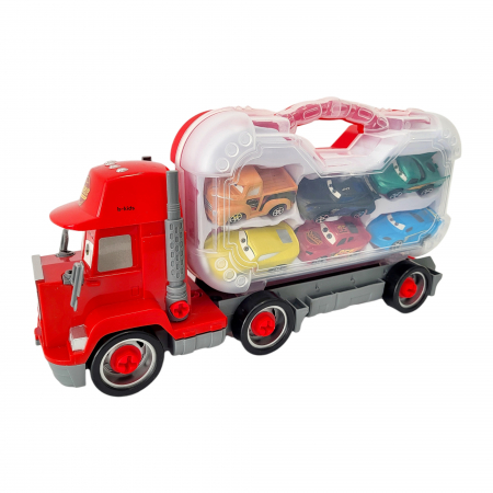 Set tir Cars + 6 masinute tip geanta cu unelte tip lego pentru roti. [3]