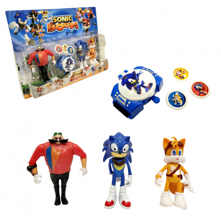 Figurine - Set trei figurine + ceas lansator cu discuri, Sonic