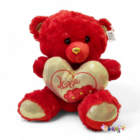 Plusuri medii - Ursuleț de plus rosu cu inimioara Love cu floricele (40 cm) – O Îmbrățișare Memorabilă