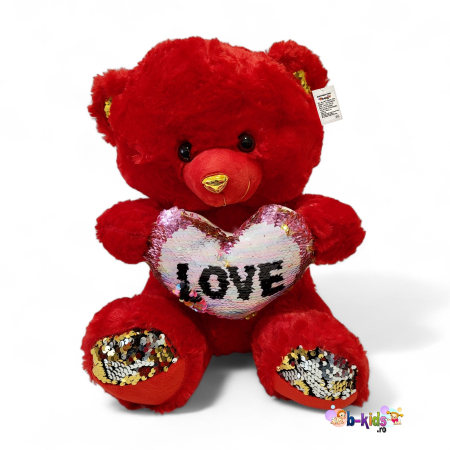 Plusuri medii - Ursuleț de plus rosu cu inimioara Love cu Paiete (40 cm) – O Îmbrățișare Memorabilă
