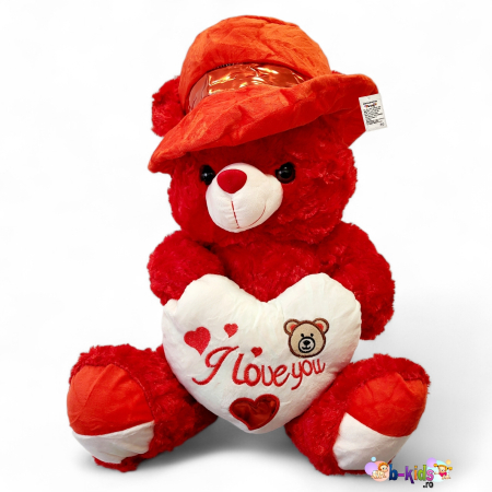 Plusuri mari - Ursulet mare rosu cu Pălărie si Inima (55 cm) – O Surpriză Impunătoare
