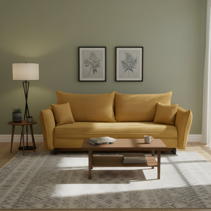 Canapea CAMILLE extensibila, 3 locuri, cu arcuri si lada depozitare, mustar, 238x115x95 cm [8]