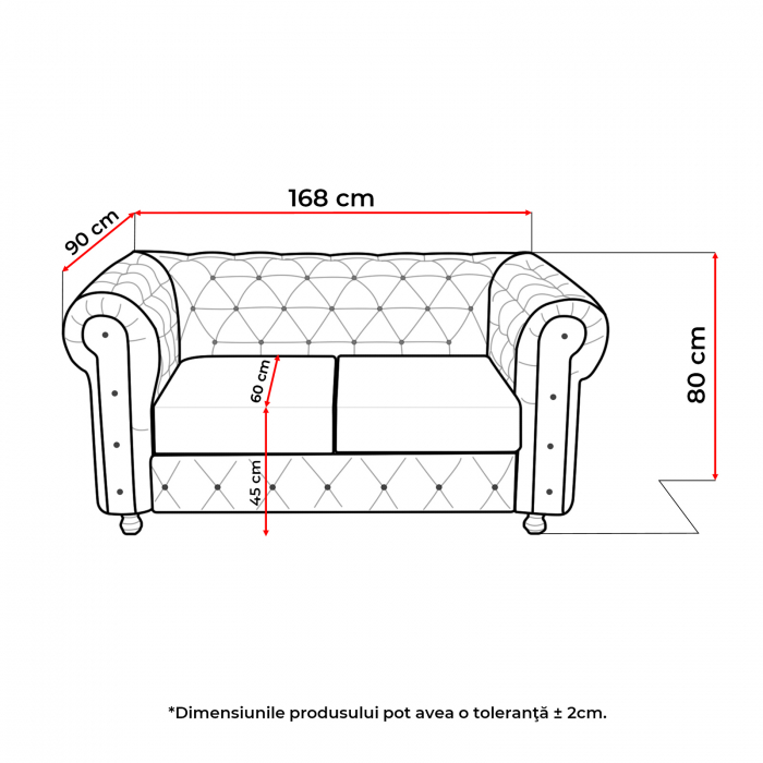 Canapea CHESTERFIELD fixa, 2 locuri, cu arcuri, 168x90x80 cm - ExpoMob [5]