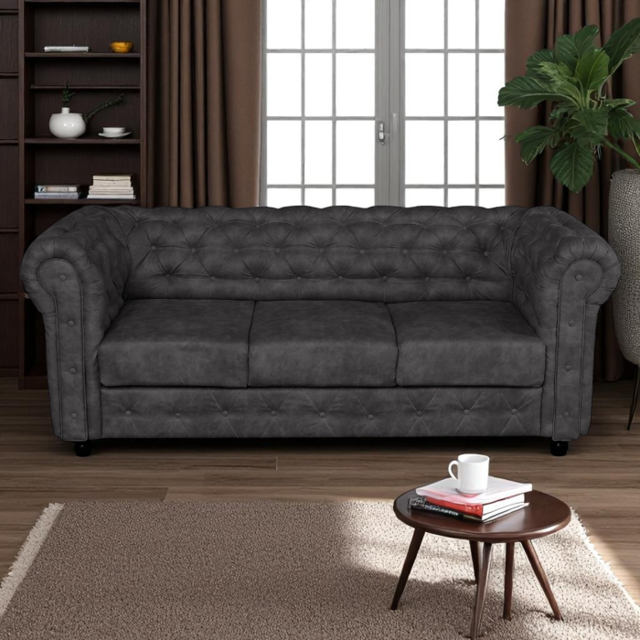 Canapea CHESTERFIELD fixa, 3 locuri, cu arcuri, gri inchis, 205x90x80 cm [4]