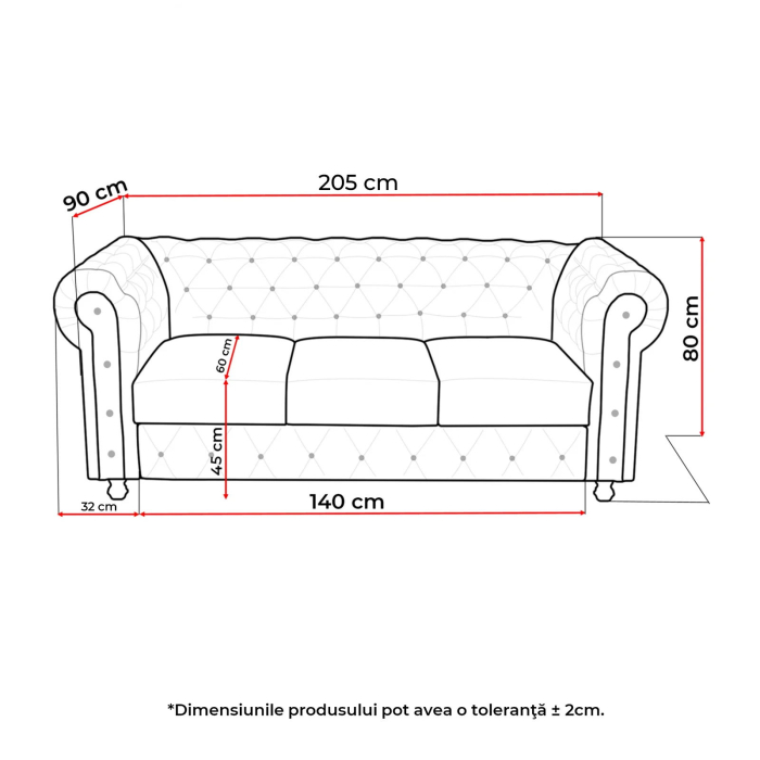 Canapea CHESTERFIELD fixa, 3 locuri, cu arcuri, gri inchis, 205x90x80 cm [6]