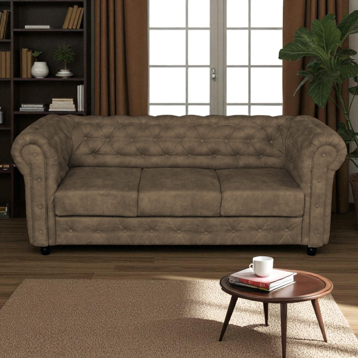 Canapea CHESTERFIELD fixa, 3 locuri, cu arcuri, maro deschis, 205x90x80 cm [4]