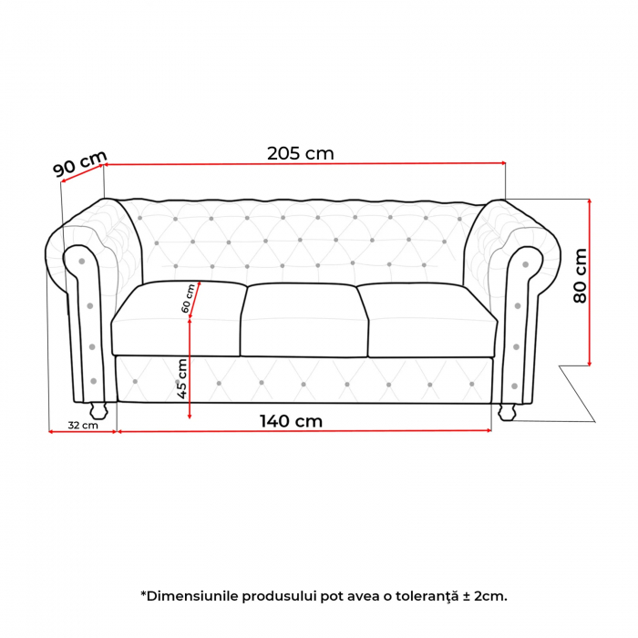 Canapea CHESTERFIELD fixa, 3 locuri, cu arcuri, 205x90x80 cm - ExpoMob [7]
