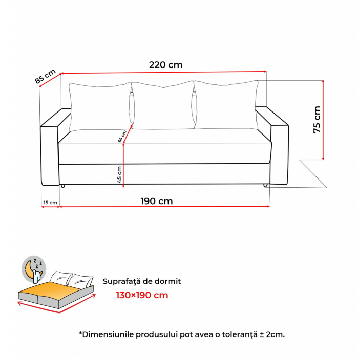 Canapea extensibila NIC220, 3 locuri, cu arcuri si lada depozitare, 220x90x75 cm - ExpoMob [7]