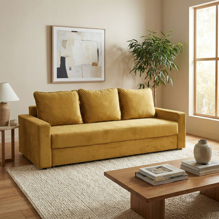 Canapea NICO II extensibila, 3 locuri, cu arcuri si lada depozitare, galben, 220x85x75 cm [6]