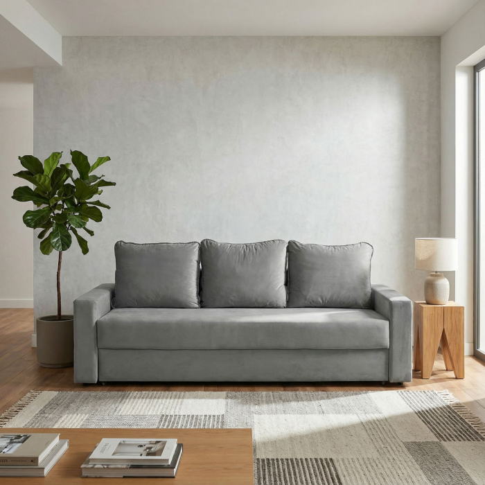 Canapea NICO II extensibila, 3 locuri, cu arcuri si lada depozitare, gri deschis, 220x85x75 cm [6]