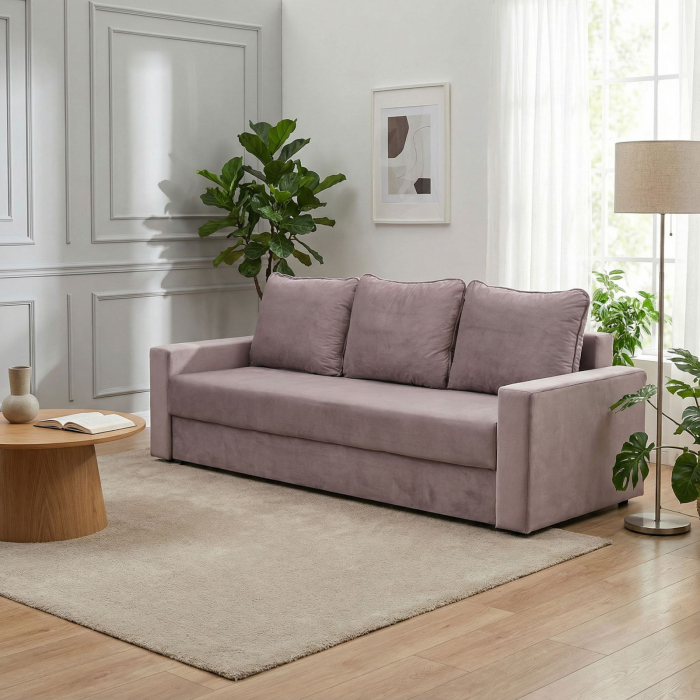 Canapea NICO II extensibila, 3 locuri, cu arcuri si lada depozitare, roz pudra, 220x85x75 cm [6]