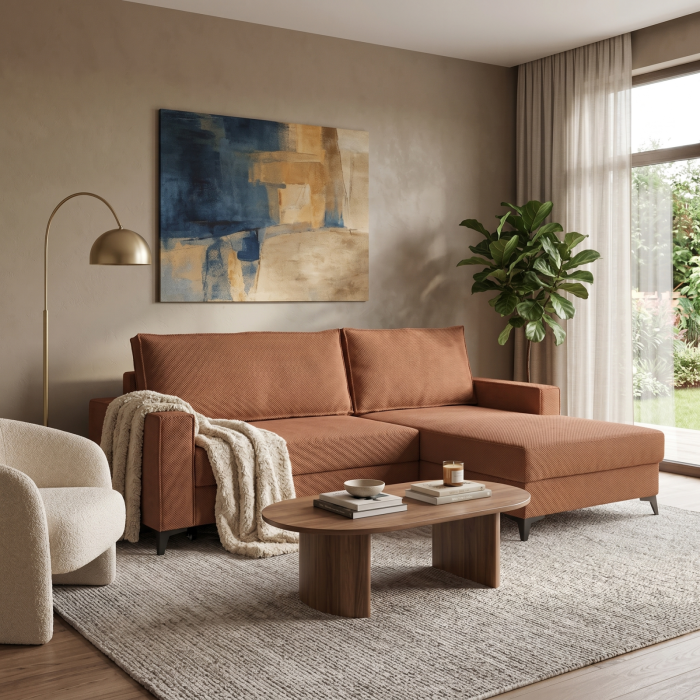 Coltar extensibil FREDERIC, cu arcuri si lada depozitare, colt dreapta, caramiziu, 235x160x95 cm [8]
