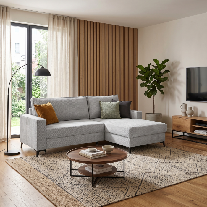 Coltar extensibil FREDERIC, cu arcuri si lada depozitare, colt dreapta, gri deschis, 235x160x95 cm [8]