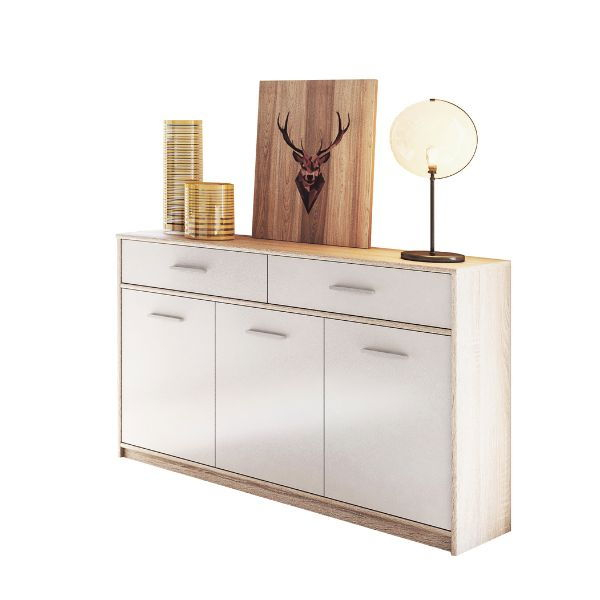 Comoda TIPS, 3 usi, 2 sertare, stejar sonoma + alb, 123,2x34,3x85,5 cm [2]