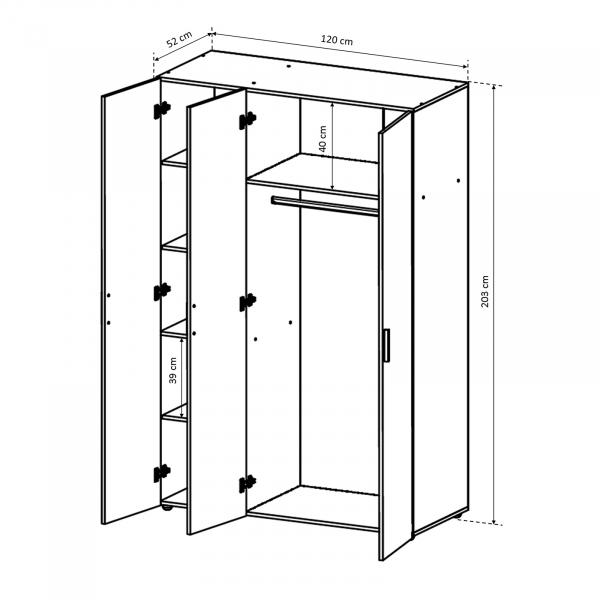 Dulap ALMA L, 3 usi, 6 rafturi, bara de haine, 120x52x203 cm - ExpoMob [4]