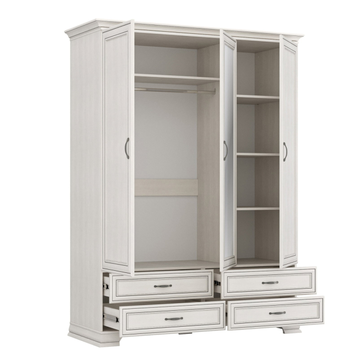 Dulap 3 usi si 4 sertare cu oglinda TIFFANY, cu bara haine si rafturi, crem fineline, 159x62,4x212,1 cm [2]