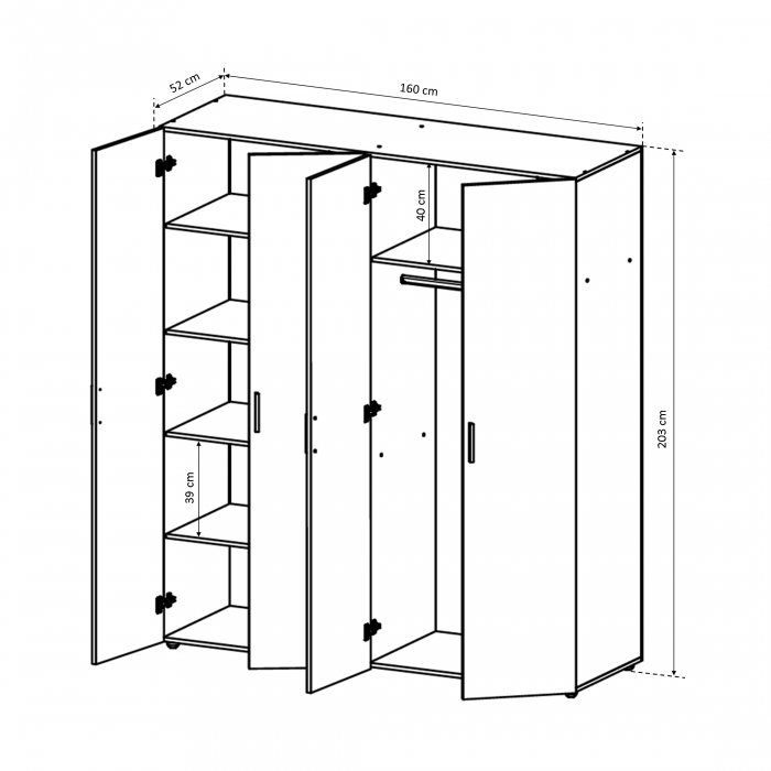 Dulap ALMA L, 4 usi, 6 rafturi, bara de haine, 160x52x203 cm - ExpoMob [3]