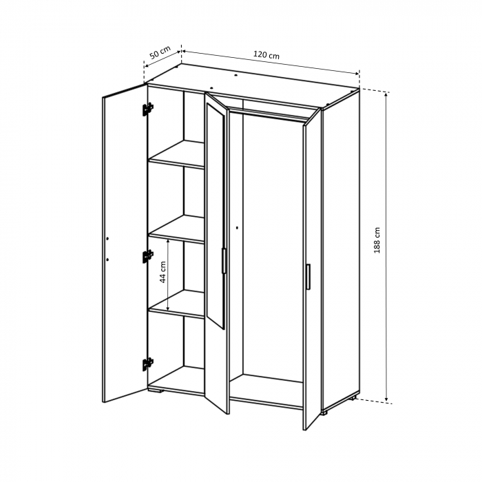Dulap CORINNE 3 usi, 4 rafturi, bara de haine, oglinda, 120x50x188 cm - ExpoMob [3]