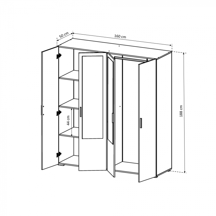 Dulap CORINNE, oglinzi, 4 usi, 4 rafturi, bara de haine, 160x50x188 cm - ExpoMob [3]