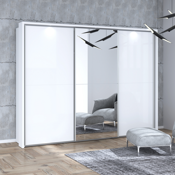 Dulap LONA LQNS13214B, usi glisante, oglinda, 3 rafturi, bara de haine, alb, 280,5x63,9x215,9 cm - ExpoMob [5]