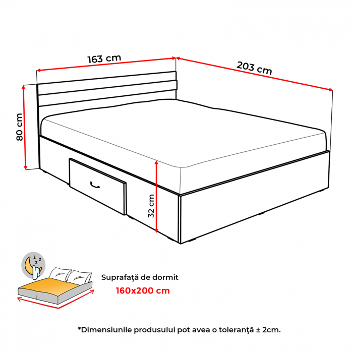 Pat ALMA, 160x200 cm, cu sertar, sonoma deschis - ExpoMob [3]