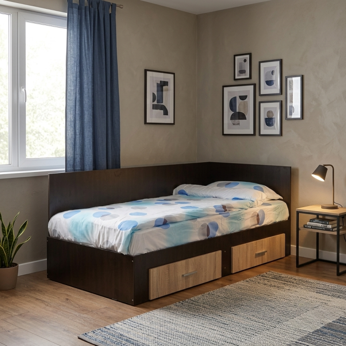 Pat Colt Alma Drept 120x200 cm, cu 2 sertare laterale pe role, colt interschimbabil, sonoma inchis + sonoma deschis [2]
