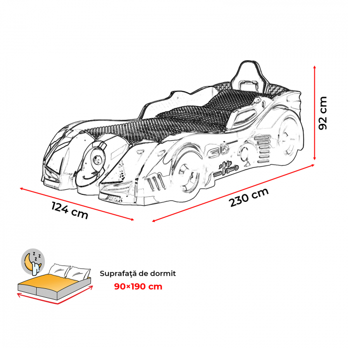 Pat pentru copii masina BATMAN, cu leduri, sunet, telecomanda, 90x190 cm  - ExpoMob [8]