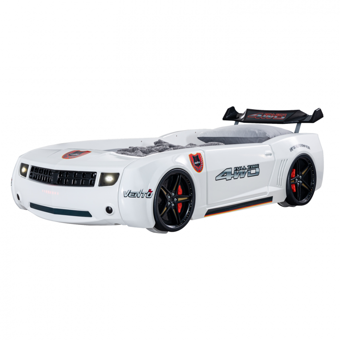 Pat pentru copii masina CAMARO, cu leduri, 90x190 cm, alb + Noptiera SPORT, 45x57x34 - ExpoMob [2]