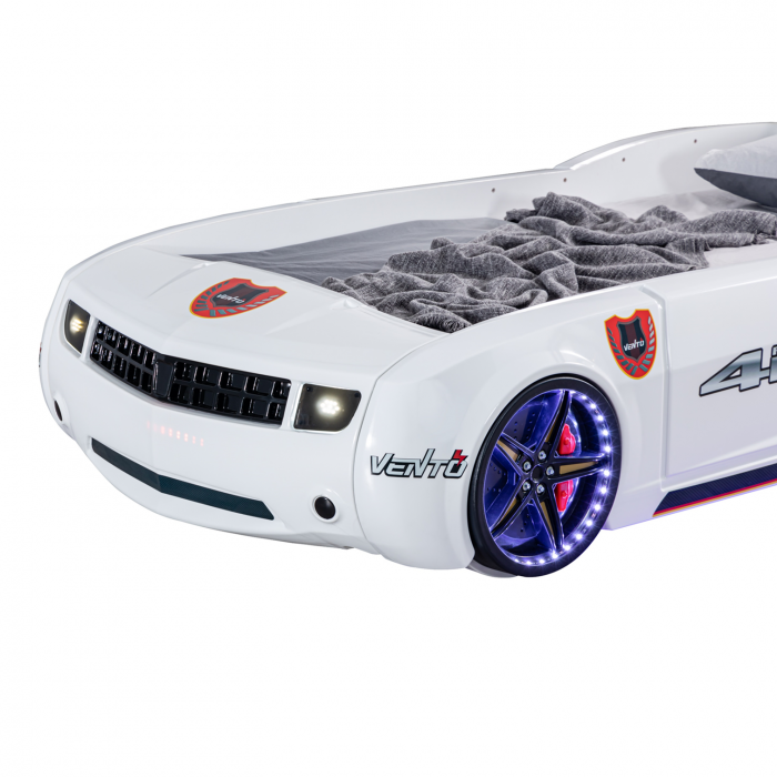 Pat pentru copii masina CAMARO, cu leduri, 90x190 cm, alb + Noptiera SPORT, 45x57x34 - ExpoMob [6]