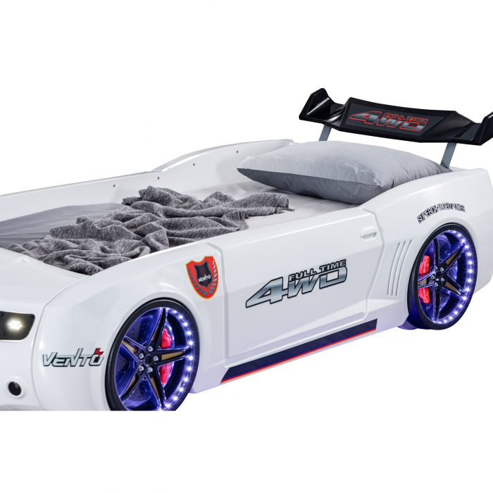 Pat pentru copii masina CAMARO, cu leduri, 90x190 cm, alb + Noptiera SPORT, 45x57x34 - ExpoMob [5]