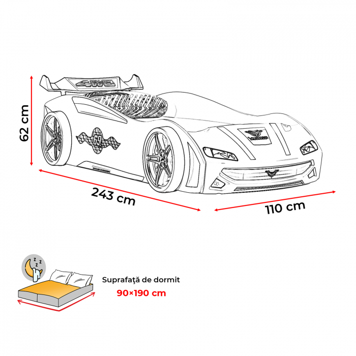 Pat pentru copii masina ECO VECTOR, rosu, 90x190 cm + Noptiera SPORT, 45x57x34 - ExpoMob [7]