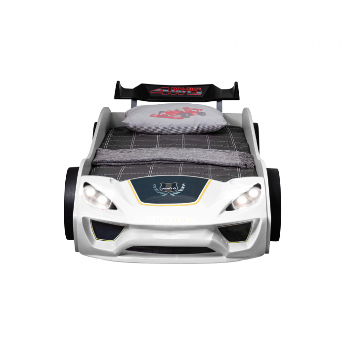 Pat pentru copii masina ECO VENTO, cu faruri, alb, 90x190 cm - ExpoMob [2]