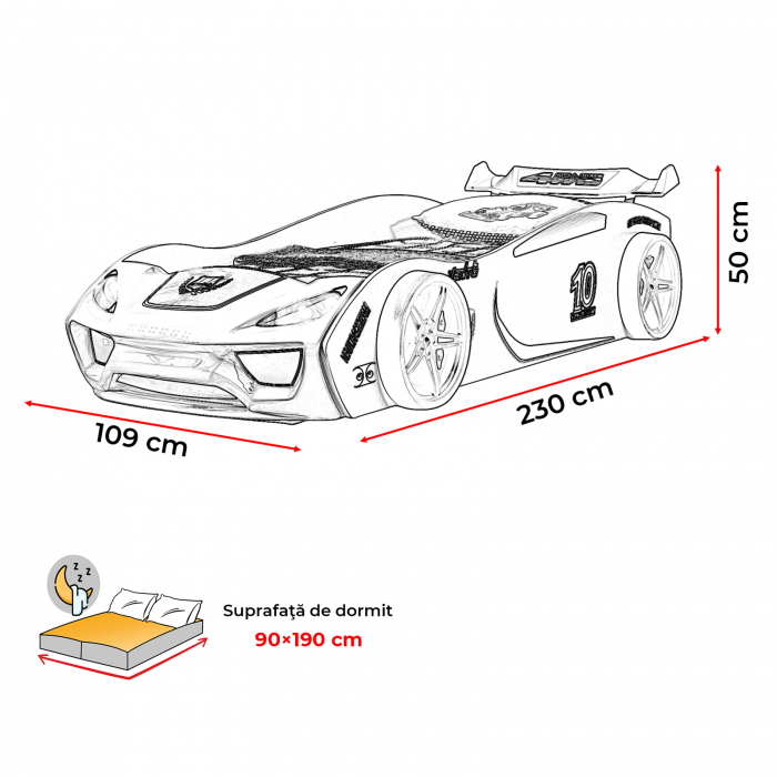 Pat pentru copii masina ECO VENTO, cu faruri, alb, 90x190 cm - ExpoMob [7]