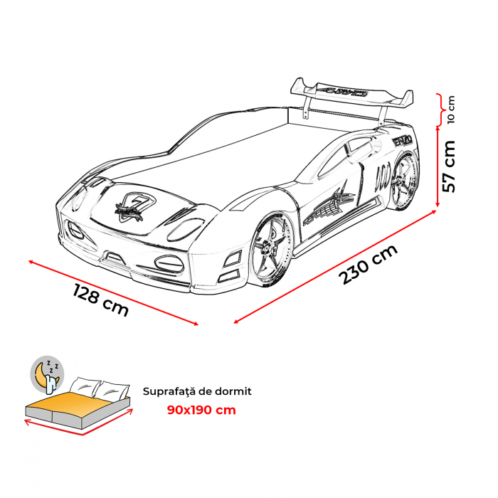 Pat pentru copii masina ENZO, cu leduri, sunet, telecomanda, rosu, 90x190 cm  + Noptiera SPORT, 45x57x34 - ExpoMob [10]