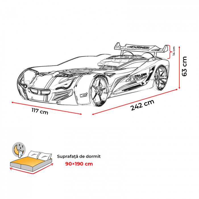 Pat pentru copii masina MVN1, cu sunet, telecomanda si lumini LED, 90x190 cm - ExpoMob [8]