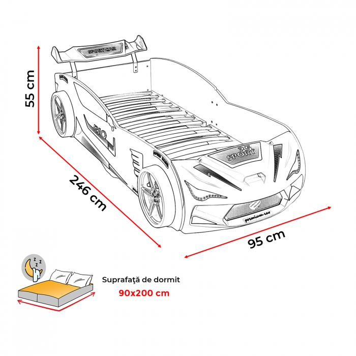 Pat pentru copii masina MVN2 ECO, cu faruri, 90x200 cm - ExpoMob [10]