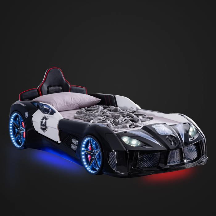 Pat pentru copii masina Police, cu sunet, telecomanda si lumini LED, 90x190 cm - ExpoMob [4]