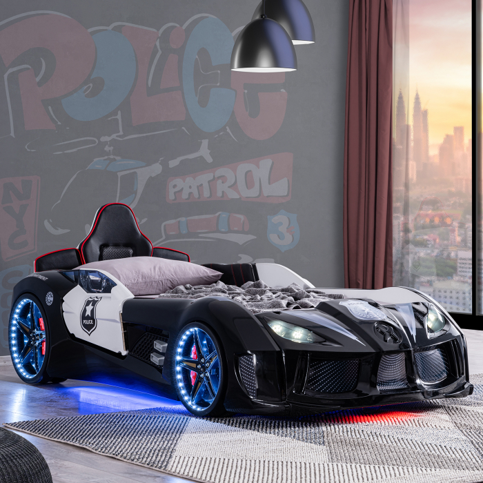 Pat pentru copii masina Police, cu sunet, telecomanda si lumini LED, 90x190 cm - ExpoMob [9]