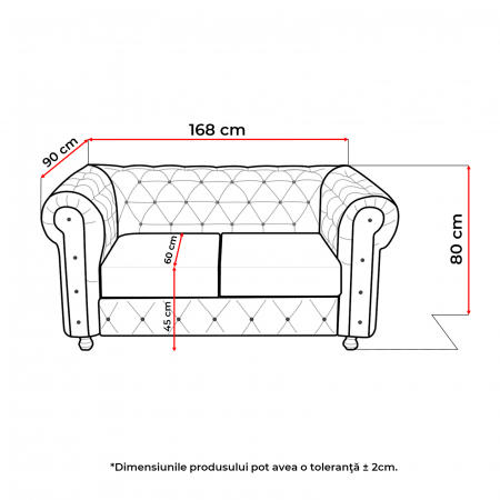 Canapea CHESTERFIELD fixa, 2 locuri, cu arcuri, 168x90x80 cm - ExpoMob [4]