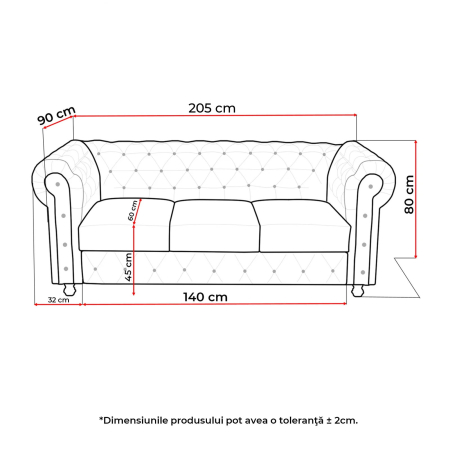 Canapea CHESTERFIELD fixa, 3 locuri, cu arcuri, gri inchis, 205x90x80 cm [5]