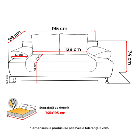 Canapea DARIA extensibila, 3 locuri, cu arcuri si lada depozitare, 195x98x74 cm - ExpoMob [7]
