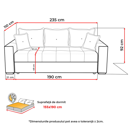 Canapele Extensibile - Canapea extensibila ARISSA, 3 locuri, cu arcuri, bej, 235x110x77 cm