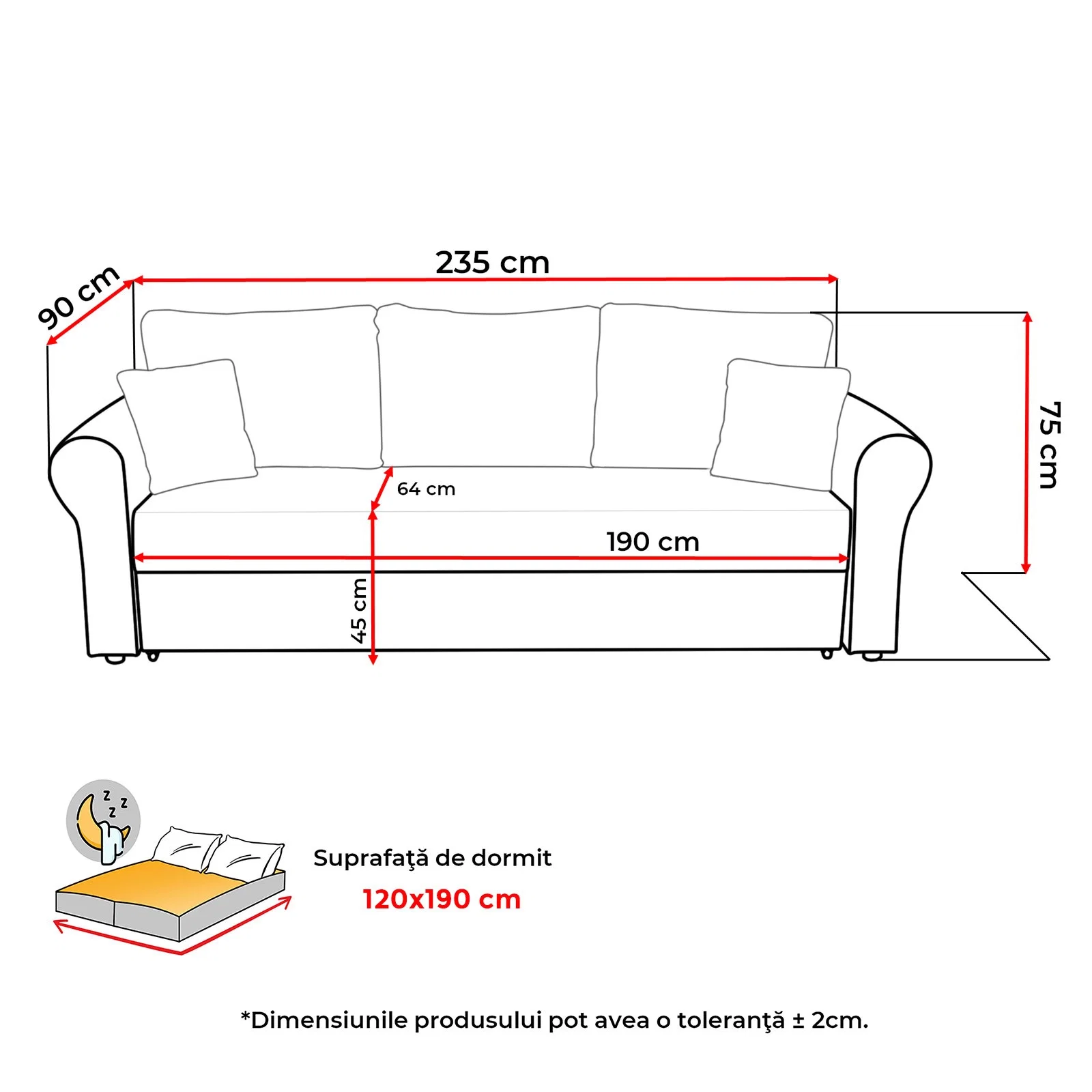 Canapele Clasice - Canapea extensibila SAR235N, 3 locuri, cu lada depozitare, diverse culori Grupa 1, 235x90x75 cm